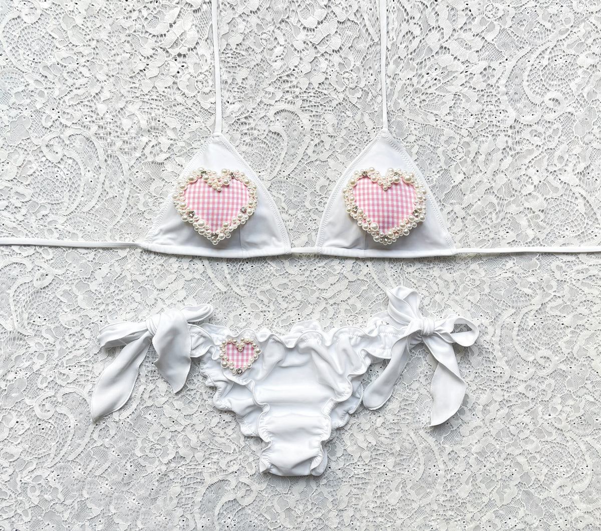 White Triangle Bikini with Pearl Heart Gingham