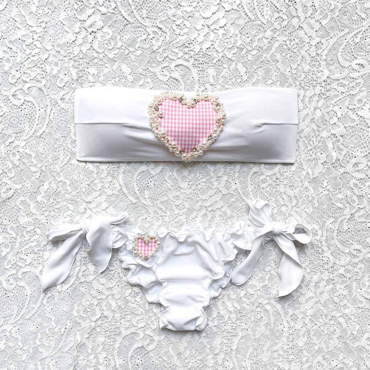 Bikini Fascia Bianco Cuore di Perle Vichy