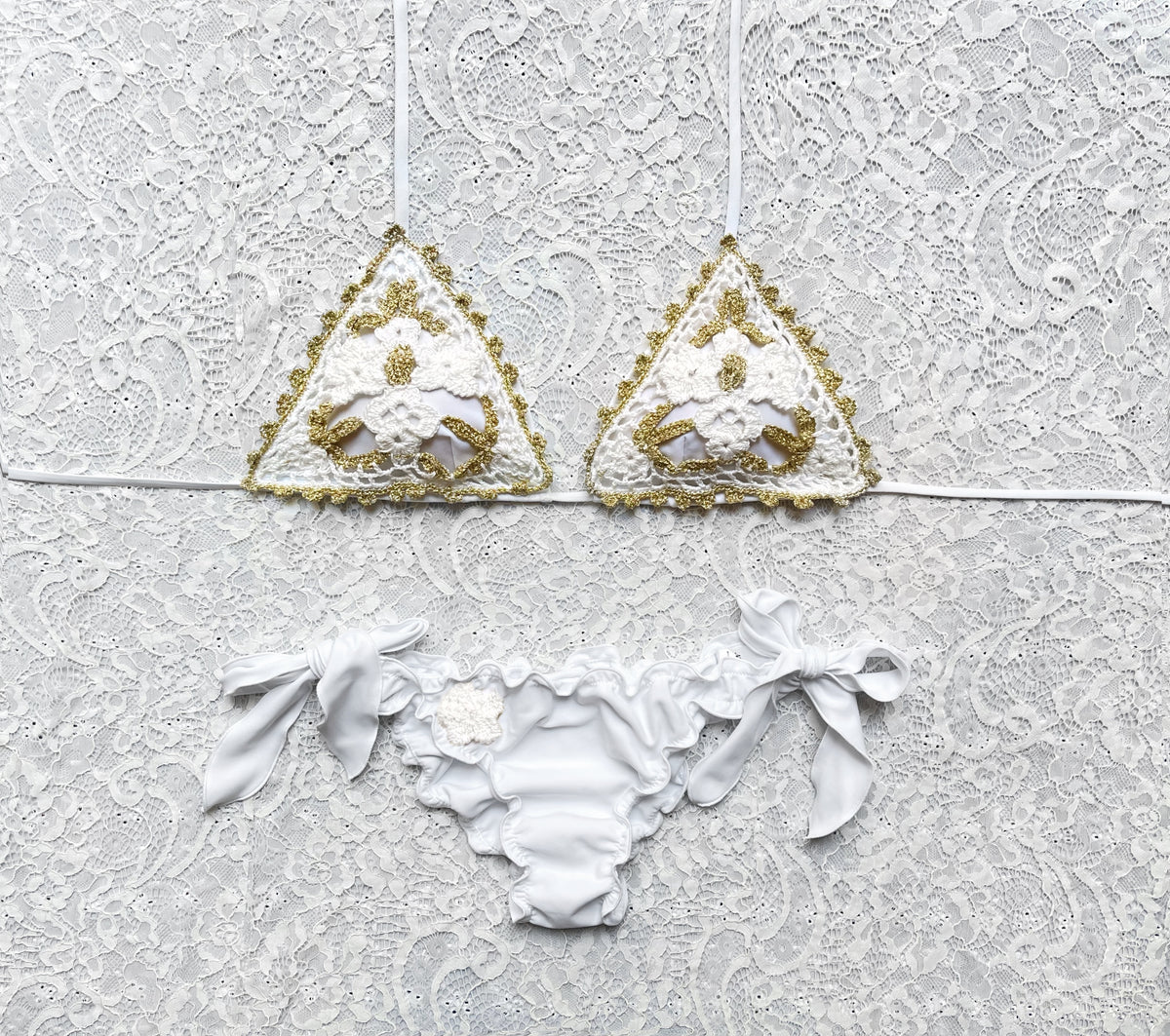 White and Gold Pansy Print Triangle Bikini Bicolor Limited Edition