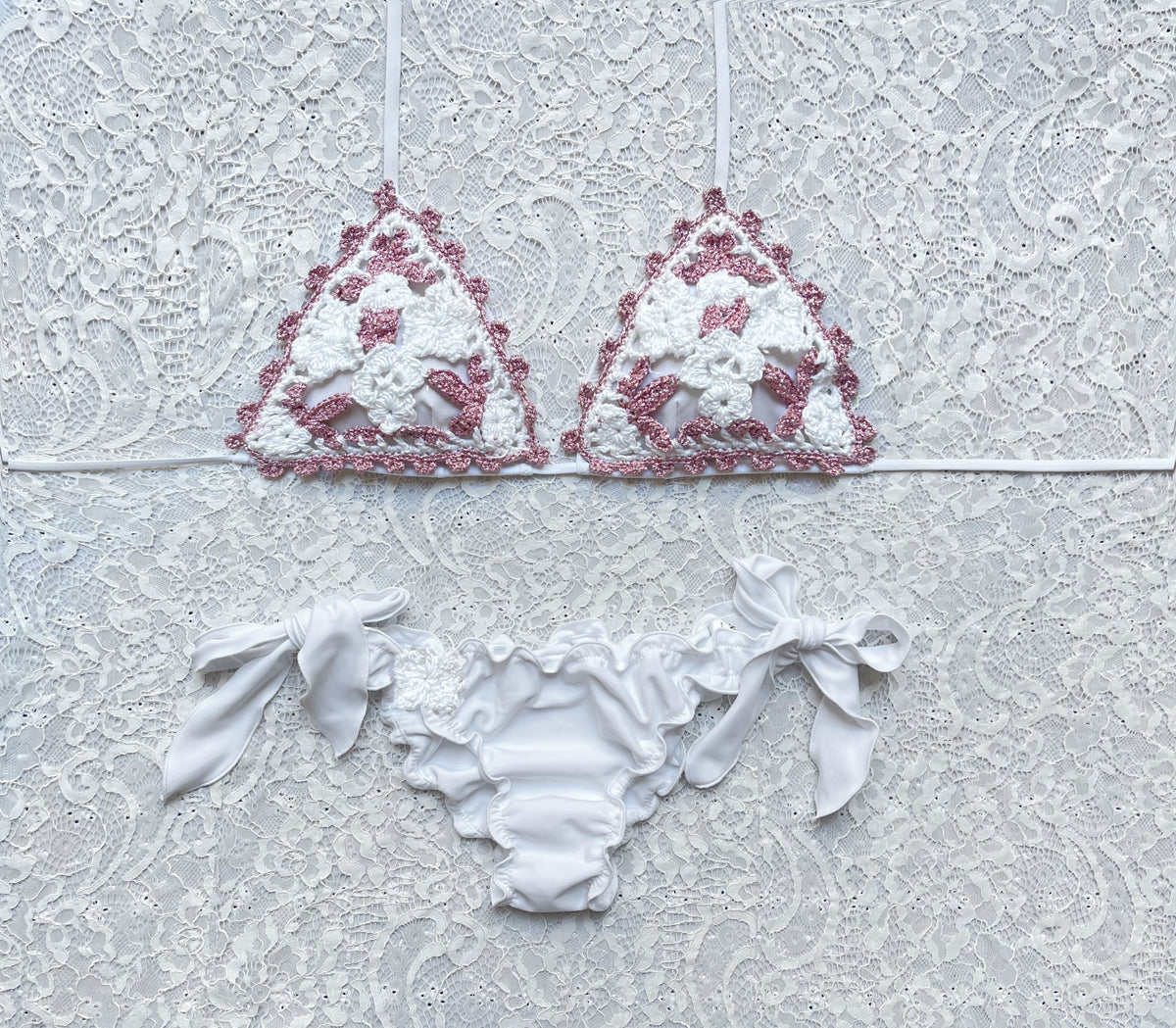 White and Pink Two-Tone Pansy Triangle Bikini Limited Edition