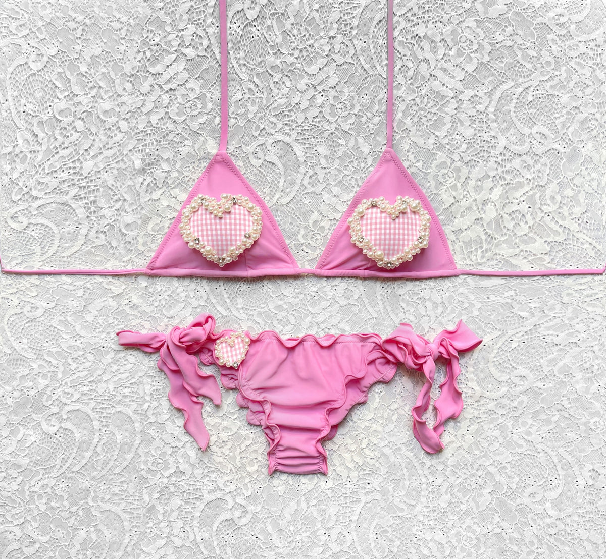 Pink Gingham Pearl Heart Triangle Bikini