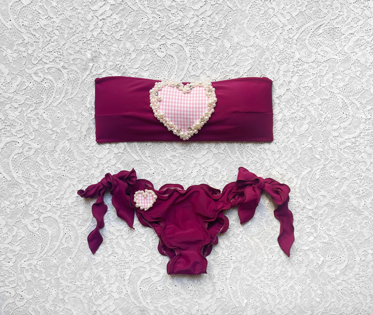 Bikini Fascia Magenta Cuore di Perle Vichy