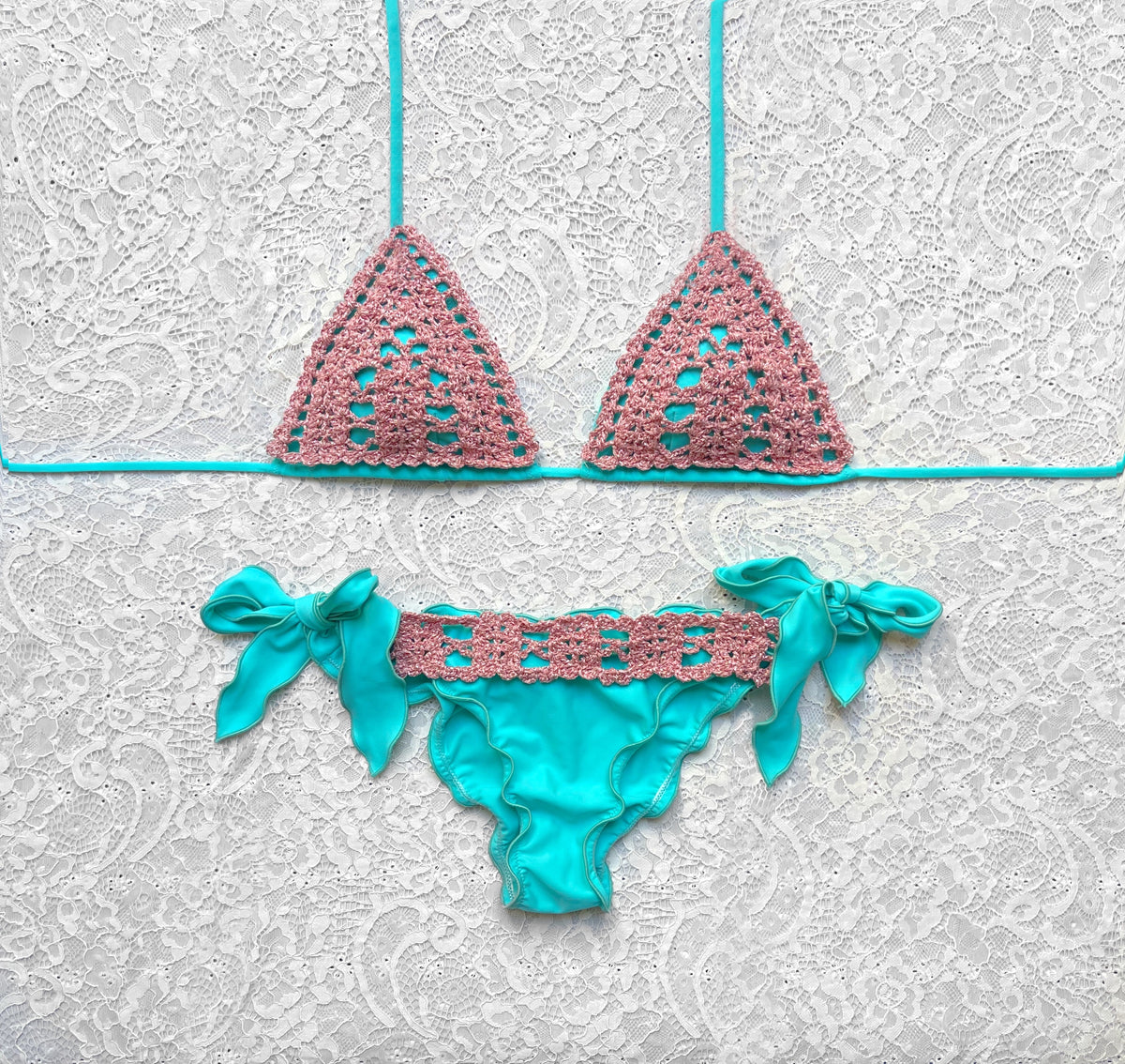 Tiffany Green and Pink Net Triangle Bikini