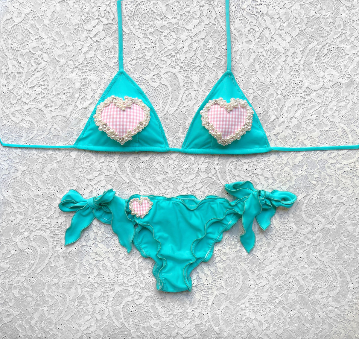 Bikini Triangolo Verde Tiffany Cuore di Perle Vichy