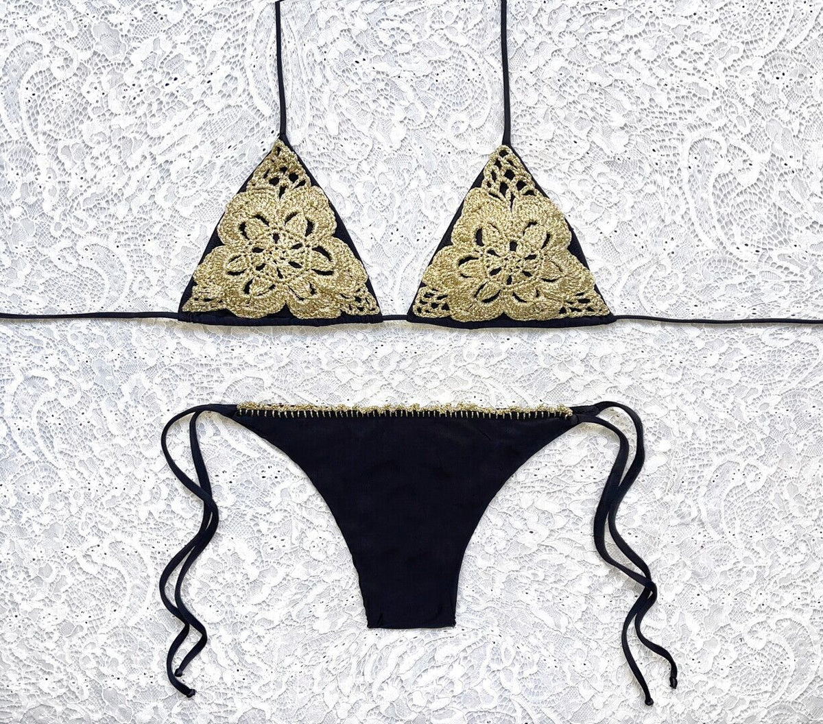 Black and Gold Luxury Sea Flower Glitter Triangle Bikini