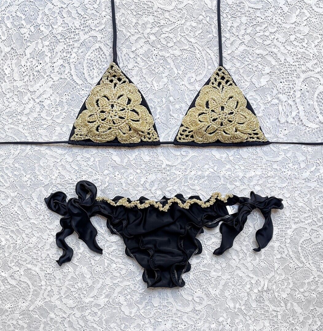 Black and Gold Luxury Sea Flower Glitter Triangle Bikini