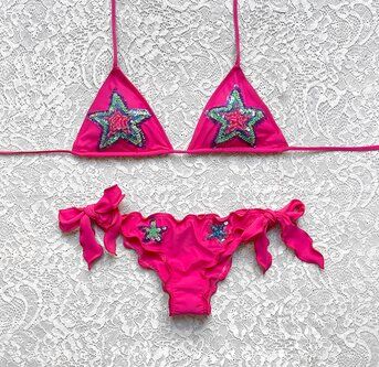 Bikini Triangolo Stella di Paillettes Multicolor Fuxia