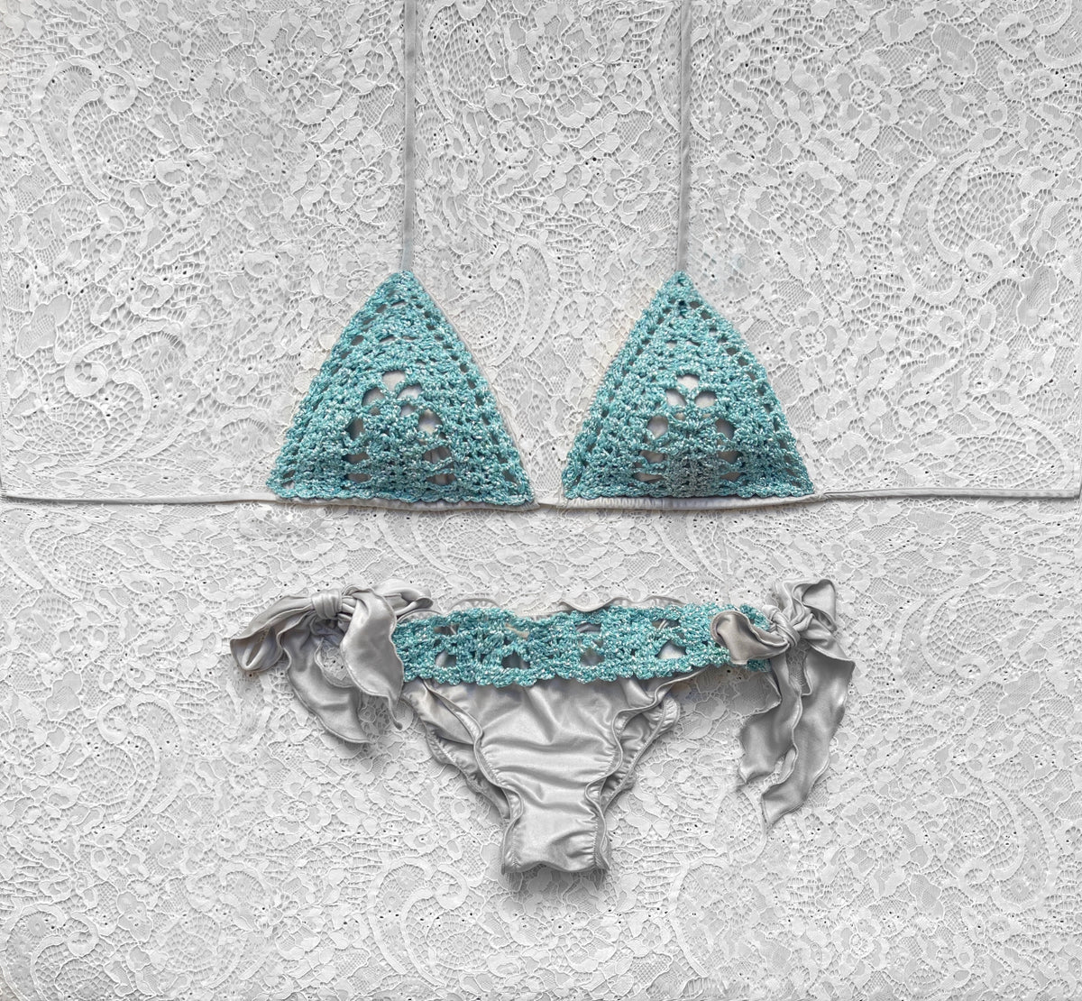 Bikini Triangolo Net Argento e Azzurro