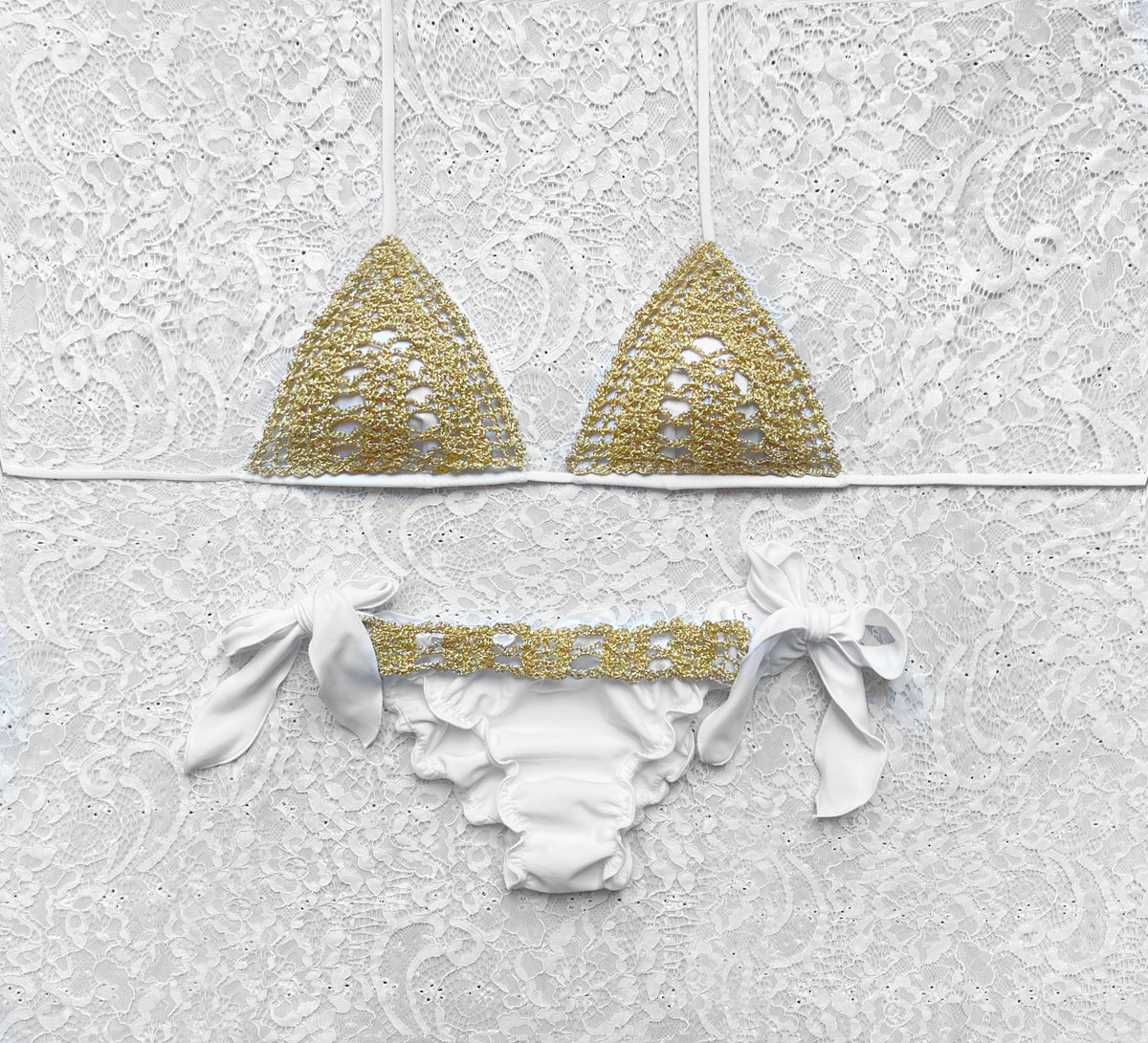 White and Gold Mesh Triangle Bikini