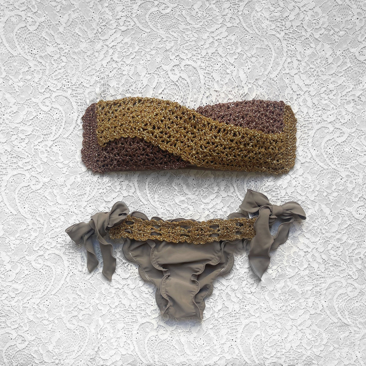 Bikini Fascia Bicolor Fango Intreccio Oro Antico e Marrone
