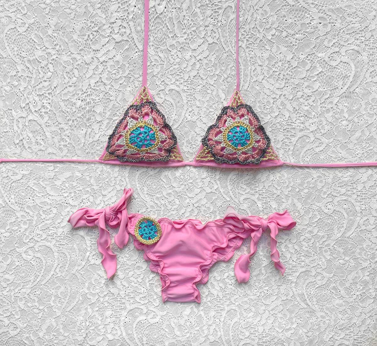Bikini Triangolo Passiflora Rosa Confetto e Azzurro