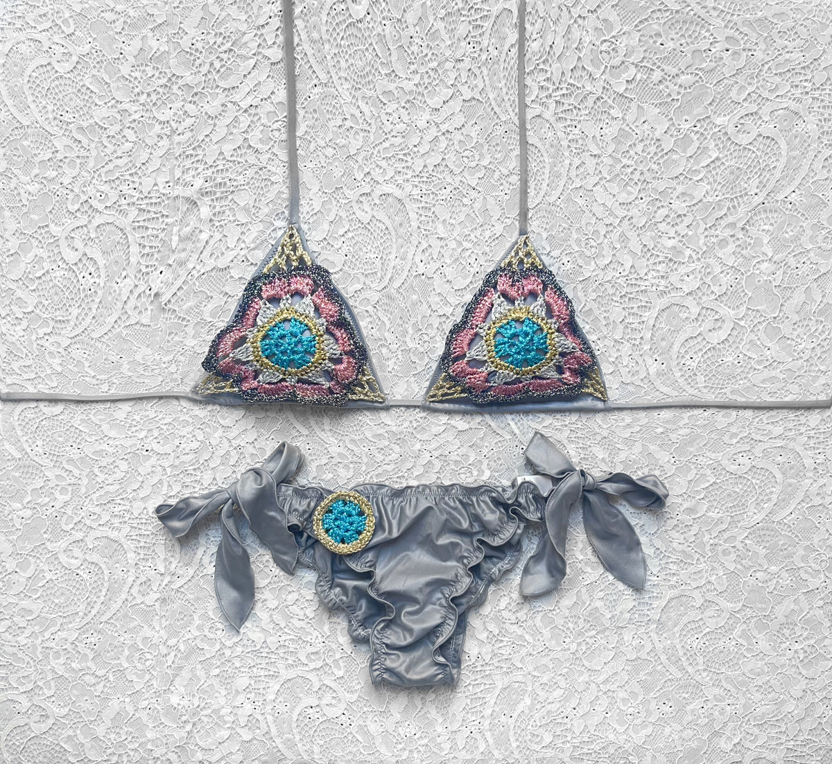 Dark Gray and Light Blue Multicolor Triangle Bikini Passiflora