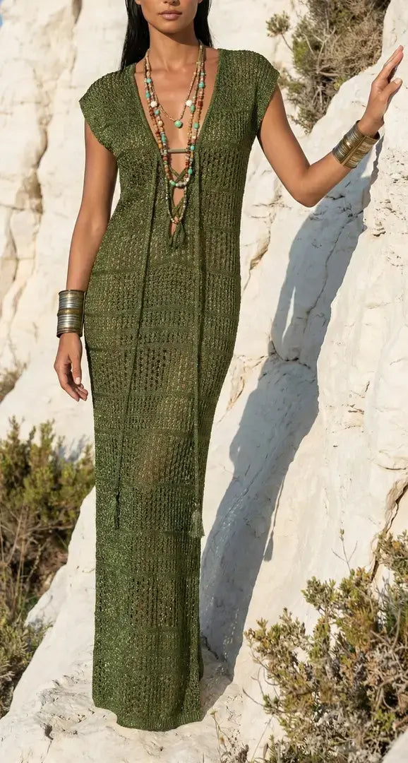 Luxury Long Army Green Glitter Net Dress