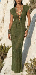 Luxury Long Army Green Glitter Net Dress