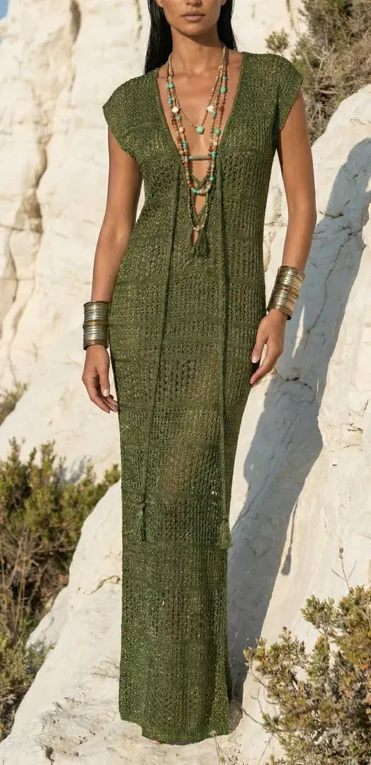Luxury Long Army Green Glitter Net Dress