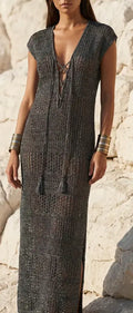 Dress Net Glitter Luxury Long Dark Silver