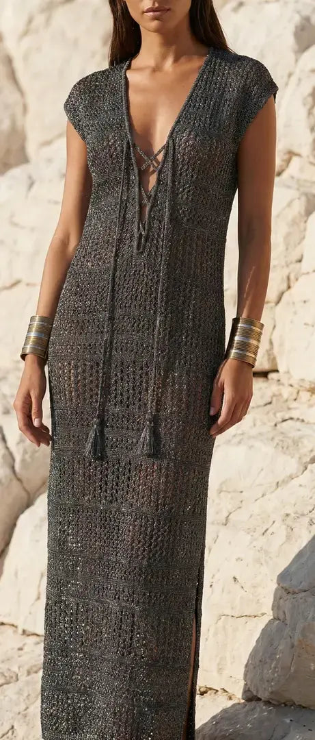 Luxury Long Dark Silver Glitter Net Dress