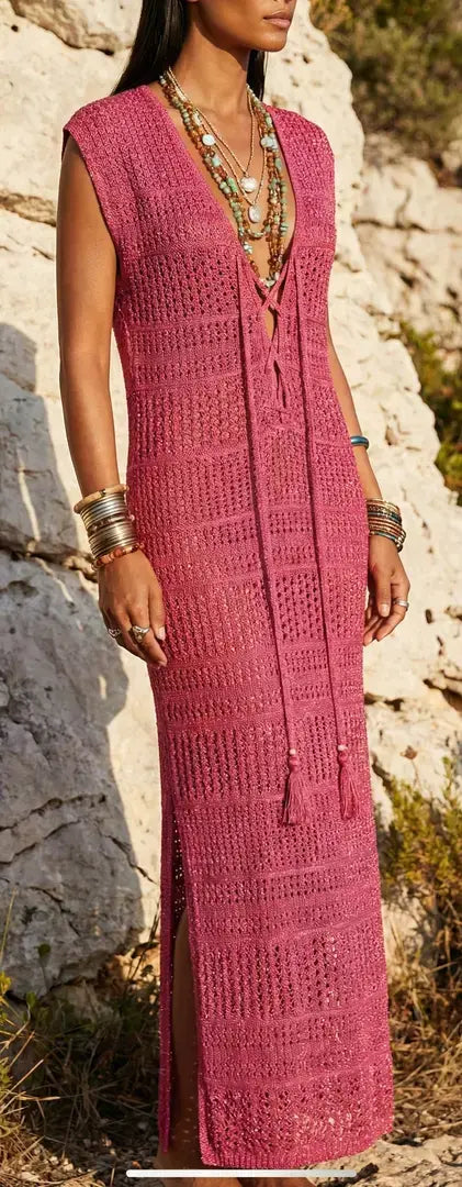 Luxury Long Fuchsia Glitter Net Dress