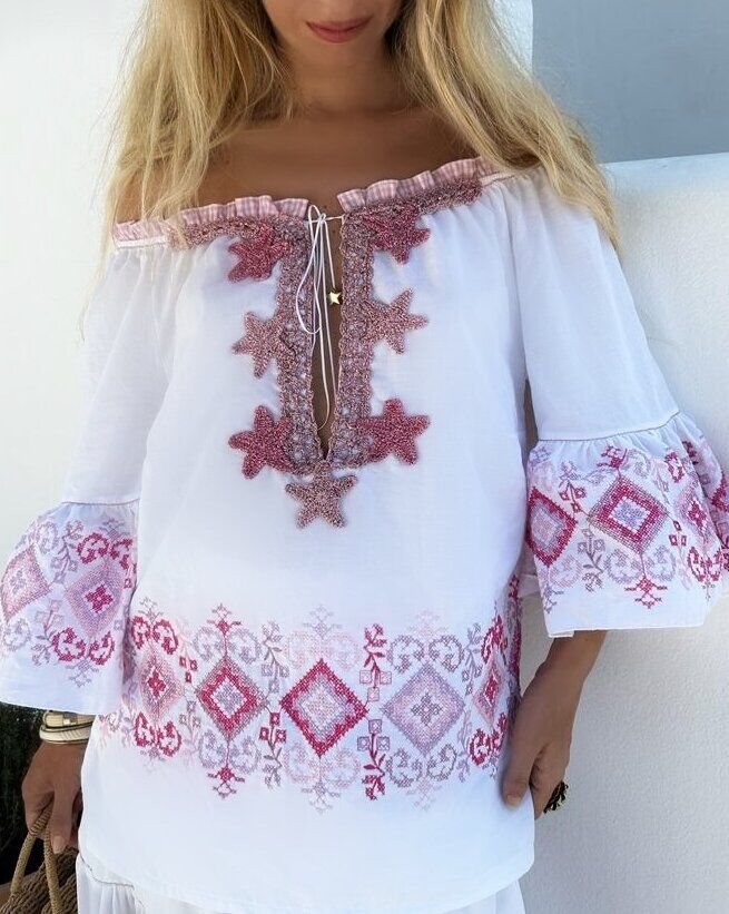 Casacca e Gonna Lunga Bianca Punto e Croce Rosa