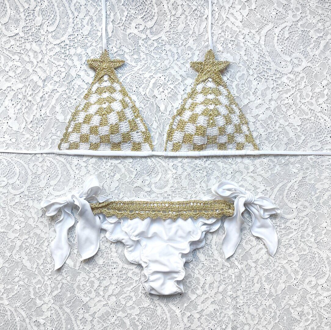 White and Gold Gingham Triangle Bikini Limited Edition