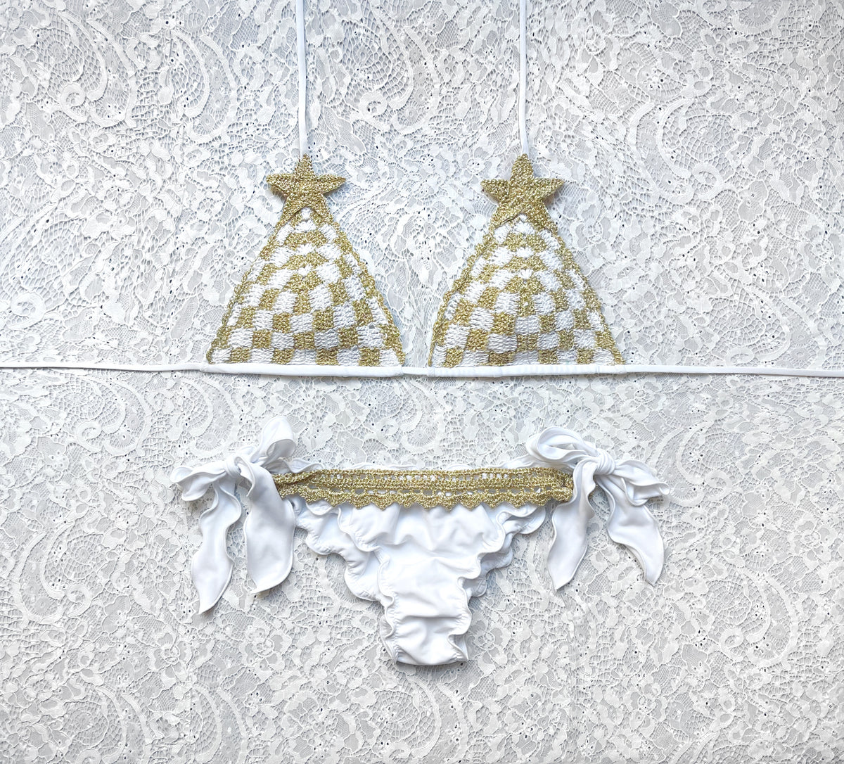 White and Gold Gingham Triangle Bikini Limited Edition