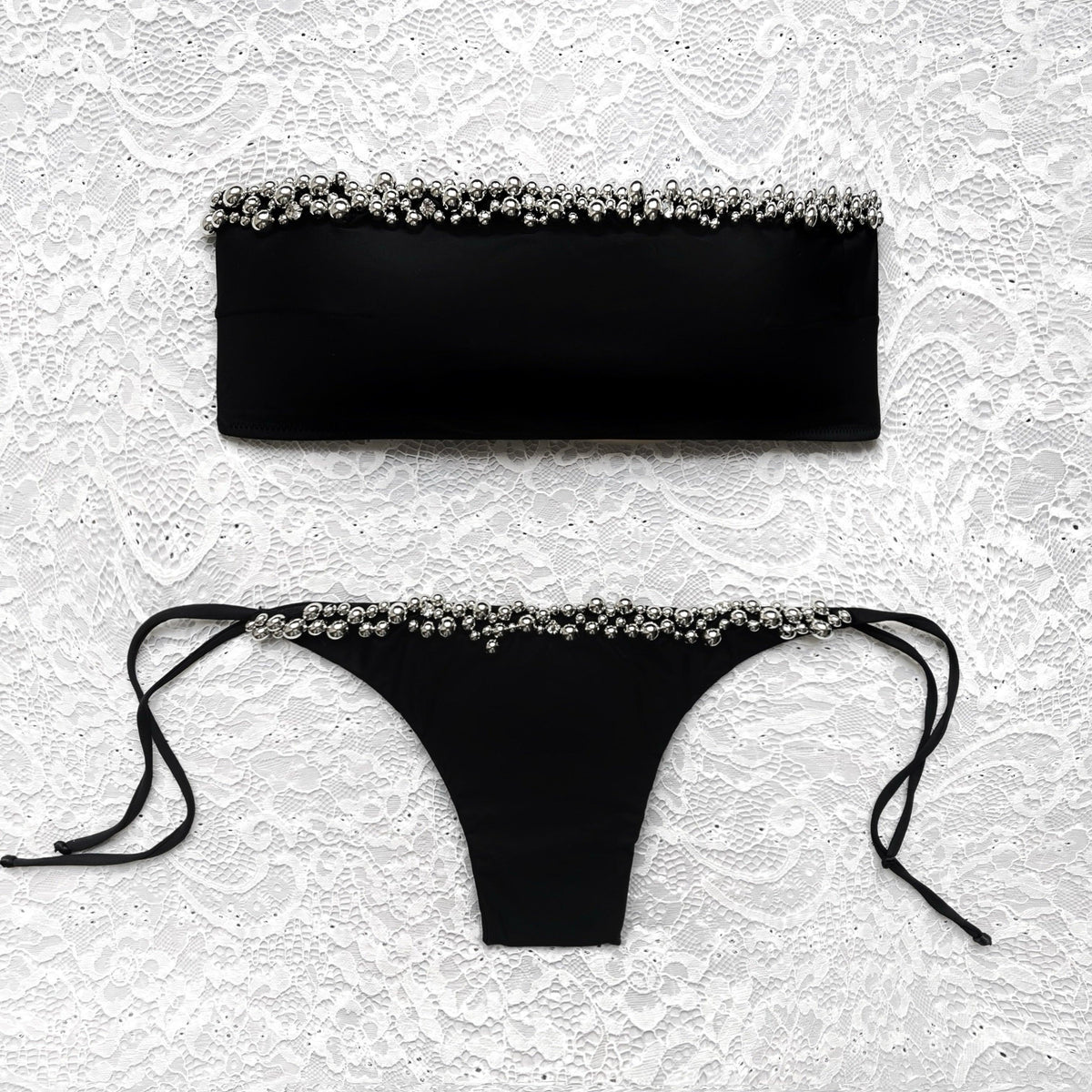 Black Silver Bead Bandeau Bikini L.S