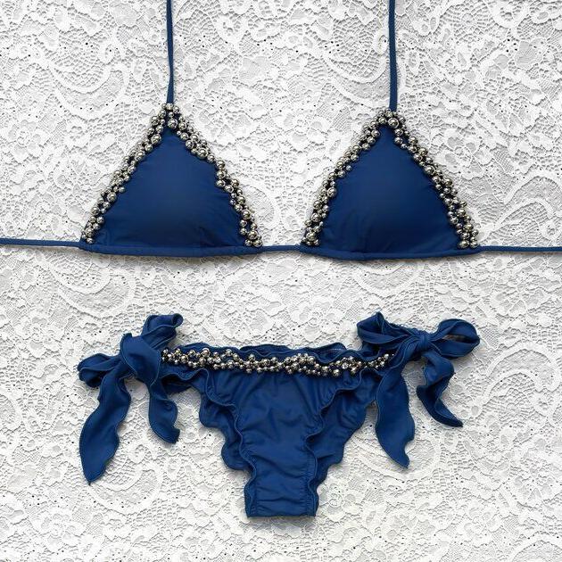 Ultramarine Blue Silver Pearl Triangle Bikini L.G