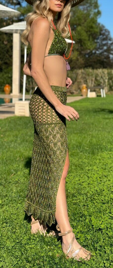 Glittery Openwork Maxi Skirt Army
