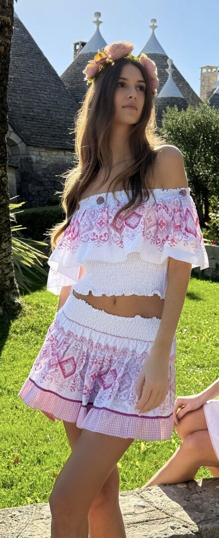 Pink Cross-Stitch Crop Top and White Mini Skirt