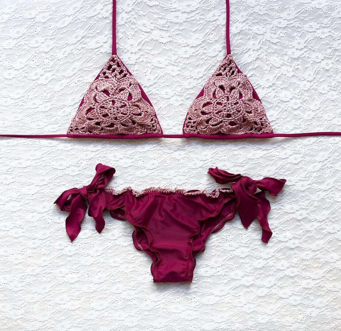 Magenta Pink Sea Flower Glitter Triangle Bikini