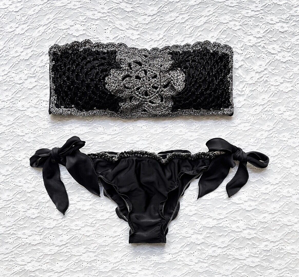 Italian Flower Glitter Bandeau Bikini Black Dark Silver Bicolor