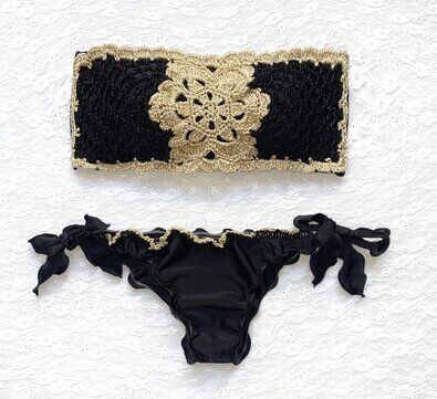 Bikini Fascia Glitter Fiore Italiano Nero e Oro Bicolor