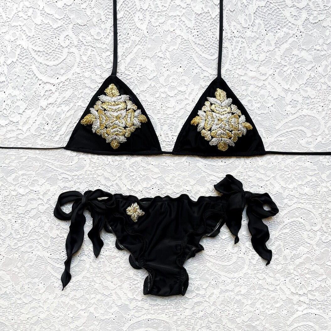 Bikini Triangolo Giglio di  Francia Nero Ricamo Oro e Argento