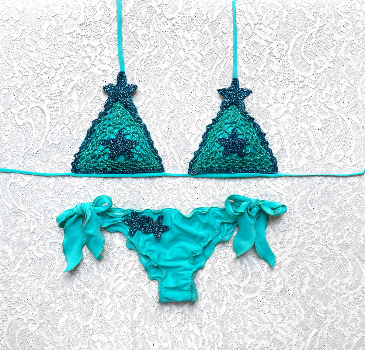 Bicolor Starfish Triangle Bikini in Tiffany and Petrol, Limited Edition