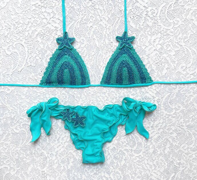 Bikini Triangolo Glitter Star Righe Tiffany e Petrolio