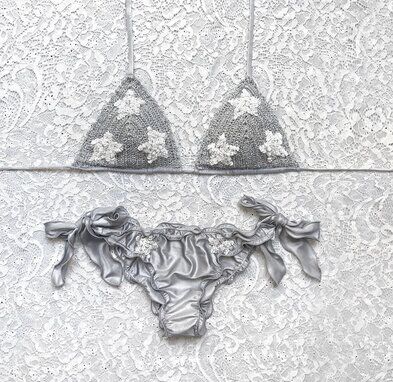 Silver and White Glitter Sequin Triangle Bikini Top