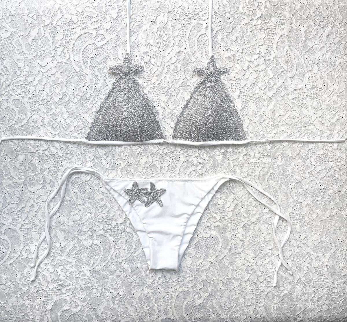 White Glitter Star Triangle Bikini with Silver Glitter