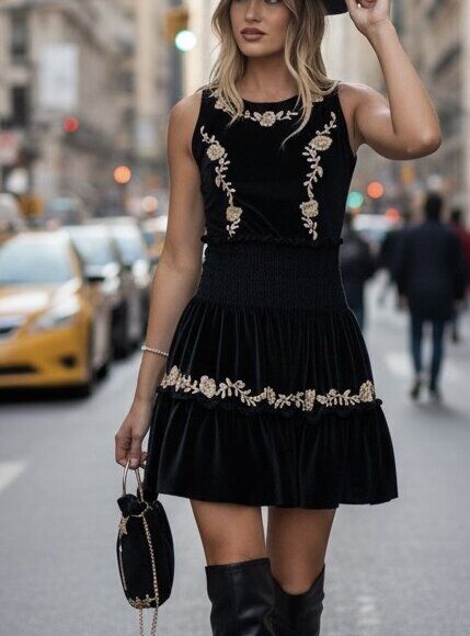 Sleeveless Top and Velvet Skirt Set with Gold Glitter Embroidered Flowers