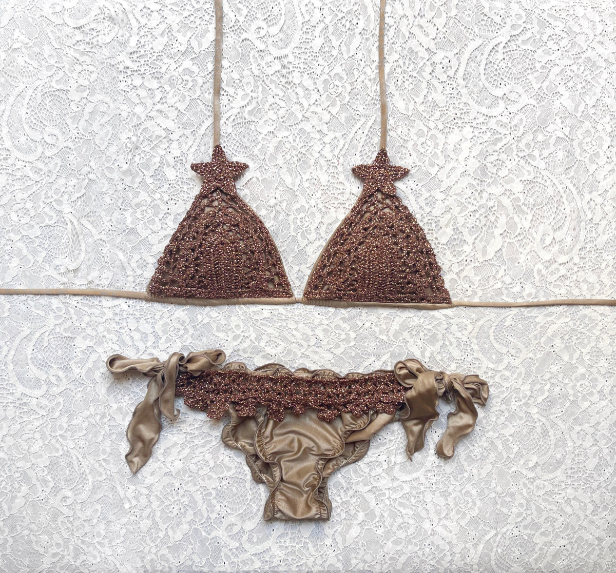 Bronze and Burnt Brown Baroque Glitter Triangle Bikini