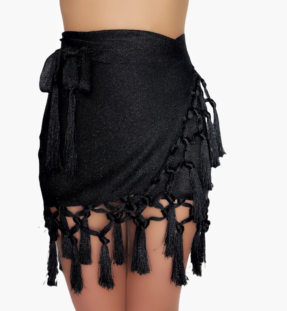 Mini Skirt Boho Frange Nero Glitter Luxury