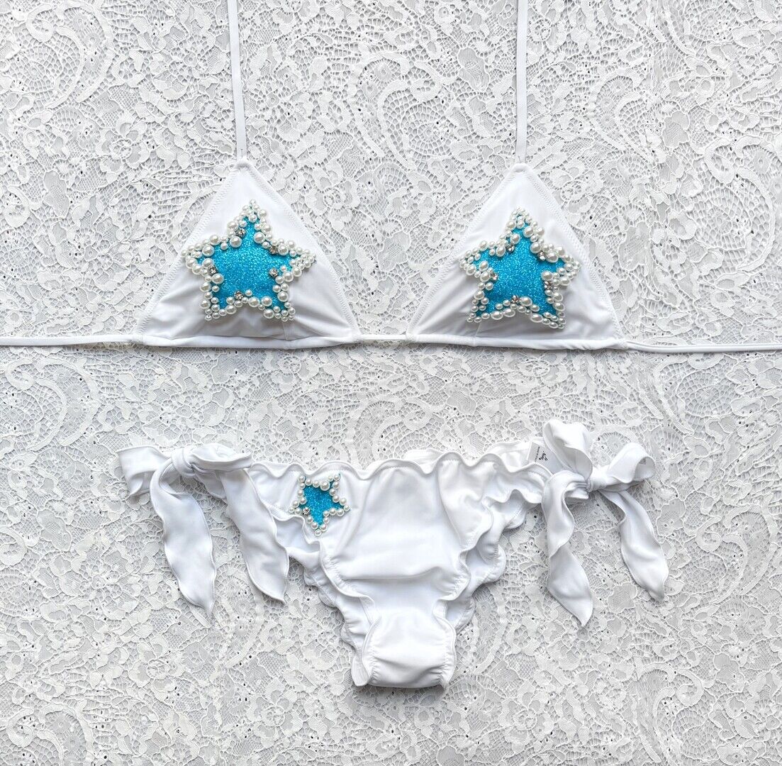 Bikini Triangolo Perla Stellata Bianco Stella Lurex Turchese