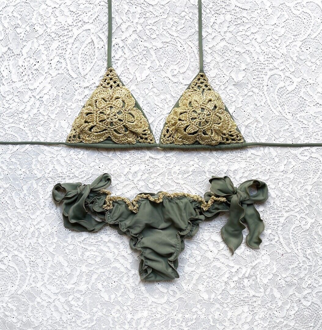 Army Green Sea Flower Glitter Triangle Bikini