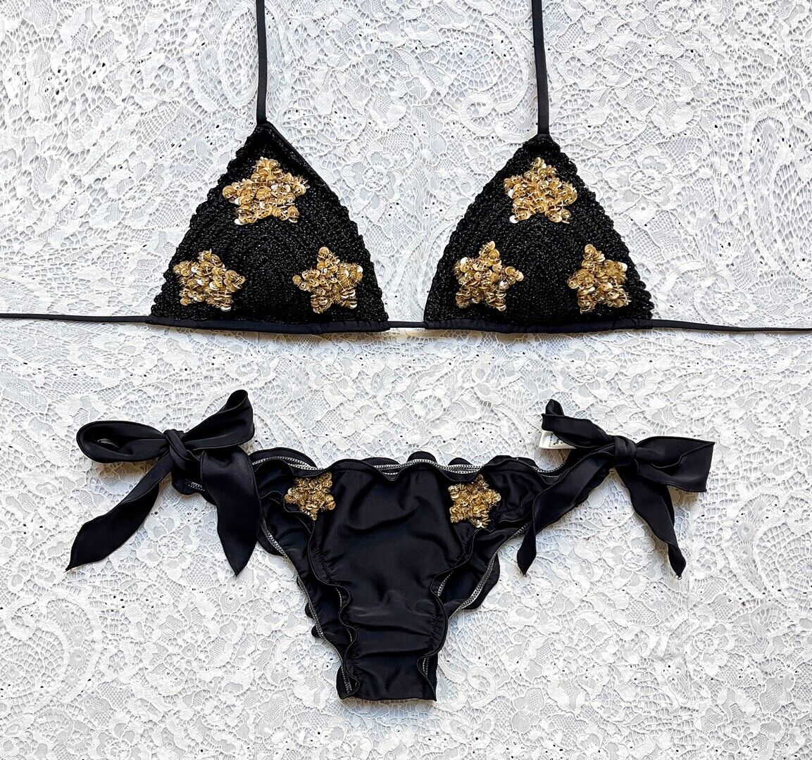 Bikini Triangolo Stelle Paillettes Coppa Glitter Nere e Oro