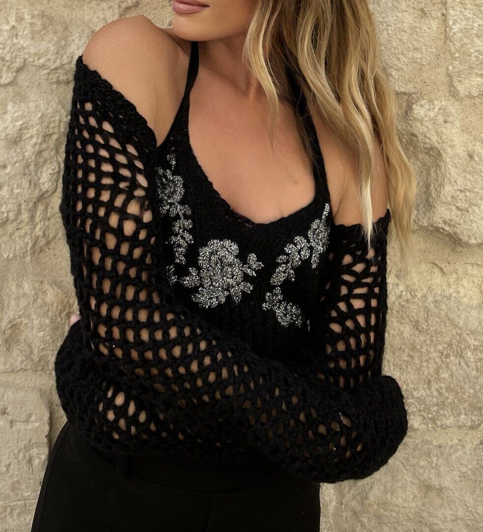 Top Fiori Corto Nero Alpaca Ricami Lurex Dark Grey