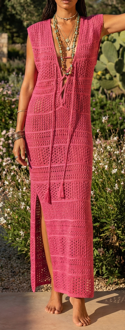 Luxury Long Fuchsia Glitter Net Dress