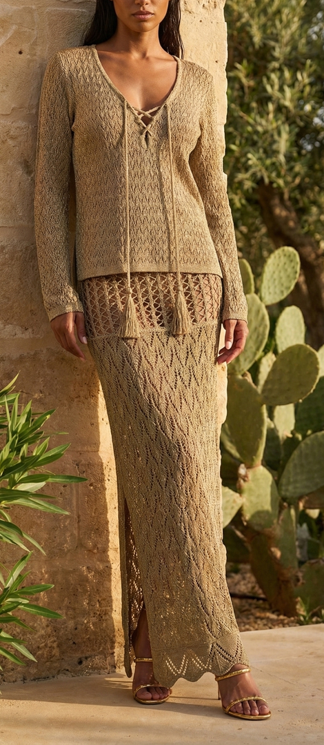 Long Openwork Bronze Gold Glitter Skirt