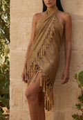 Abito Scialle Pareo Dress Glitter Lungo Frange Bronzo Dorato