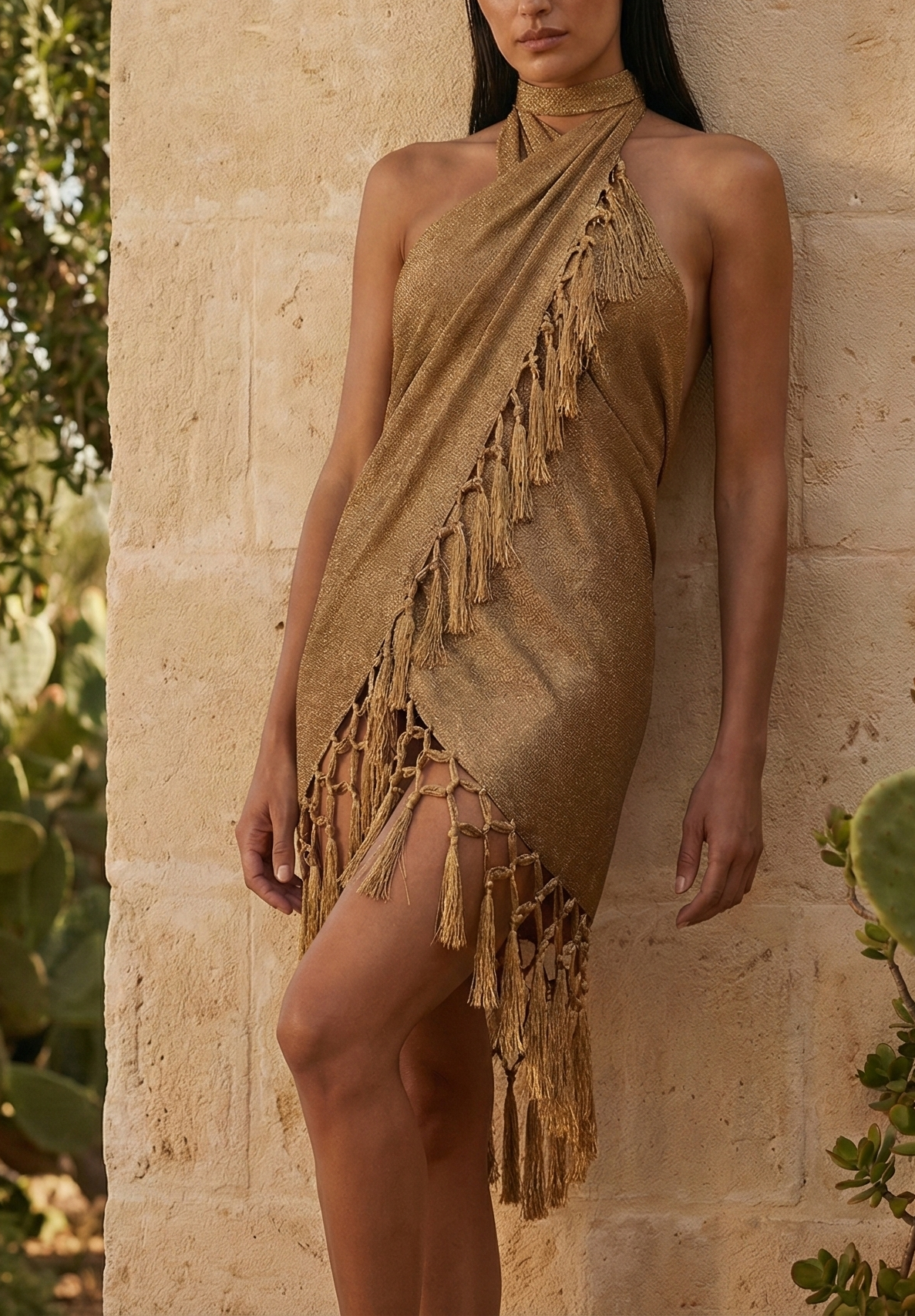 Abito Scialle Pareo Dress Glitter Lungo Frange Bronzo Dorato