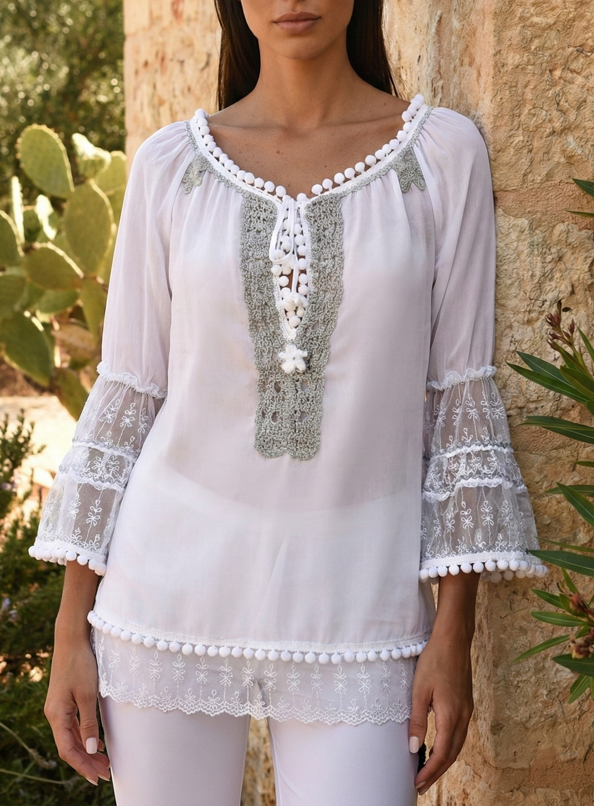White Tunic with Glitter Net Embroidery