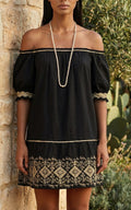 Mini Dress Nero Punto e Croce Oro Scollo Barca
